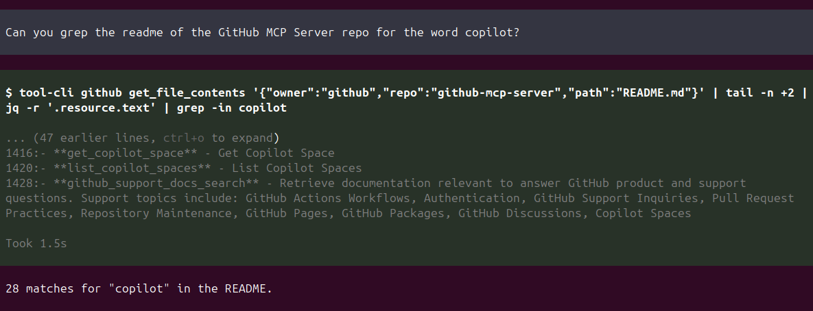 tool-cli in action - progressive discovery piped through grep